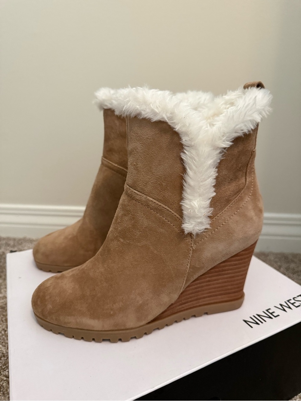 Nine West Cici Tan Suede Wedge Ankle Boots with White Faux Fur Lining